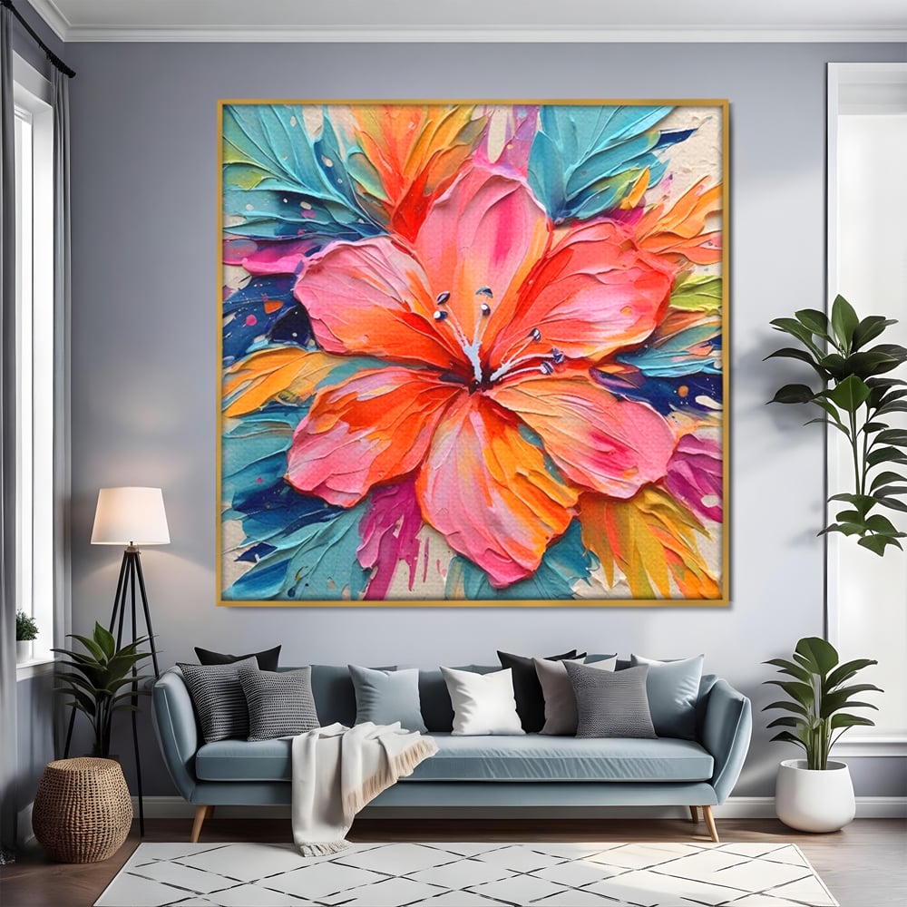Tablou canvas cu tablou canvas cu floare multicolora in relief, in rama de aluminiu auriu, pe perete intr-un living